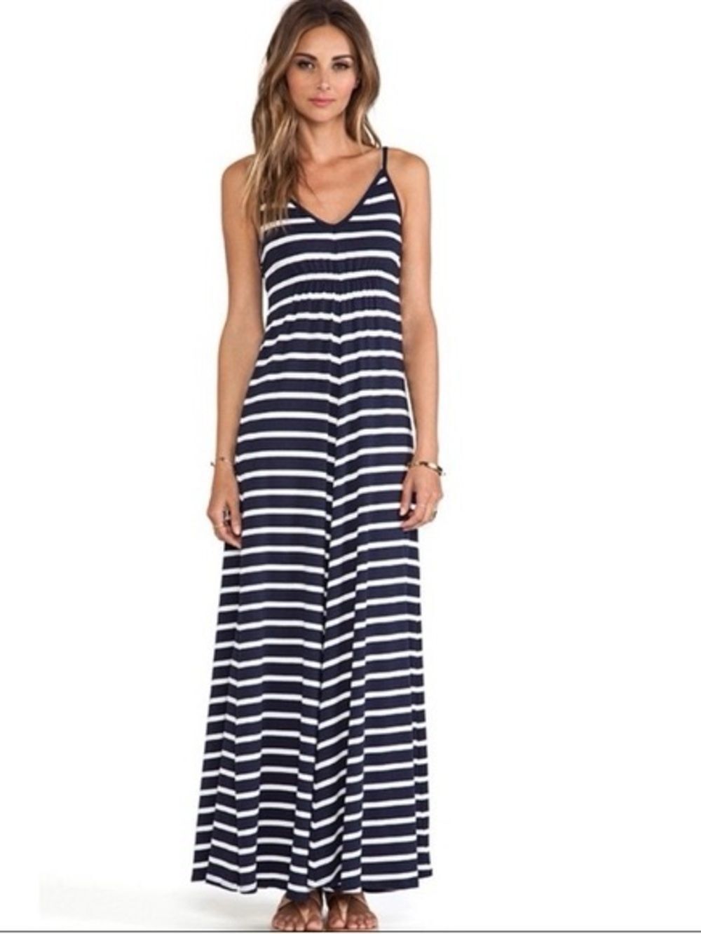 LA Made  Maxi Dress Navy and White Striped Spaghetti Strap Boho USA SZ L